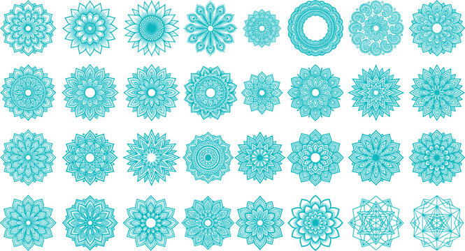 Teal Turquoise Mandala Icon Set with Round Geometric Lace Patterns for Henna Tattoos Meditation Crafts and Decorative Graphic Web Designs