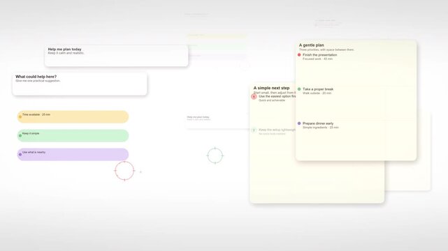 Pastel planner cards glide across a bright canvas showing daily priorities, time slots and quick actions airy app UI animation for productivity