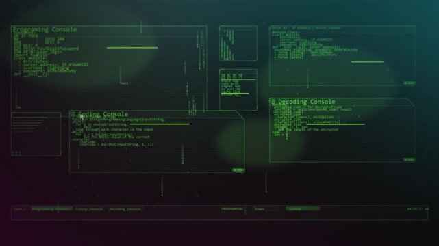 Multiple green terminal windows run password scripts server access logs and a decoding console at night, tense hacker screen animation for cyber crime storytelling