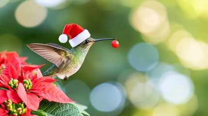 Obraz premium Hummingbird wearing a Christmas hat, flying near a poinsettia, holding a red berry, bringing holiday joy and nature's charm