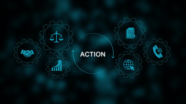 A digital concept featuring the word action in the center surrounded by glowing blue gear representing business, legal, communication, and growth symbols on a dark bokeh background