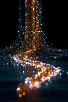 Abstract Digital Data Flow Consisting of Glowing Lines and Particles on a Dark Textured Background.