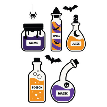 Set of halloween potion bottles with magic labels and spooky symbols.