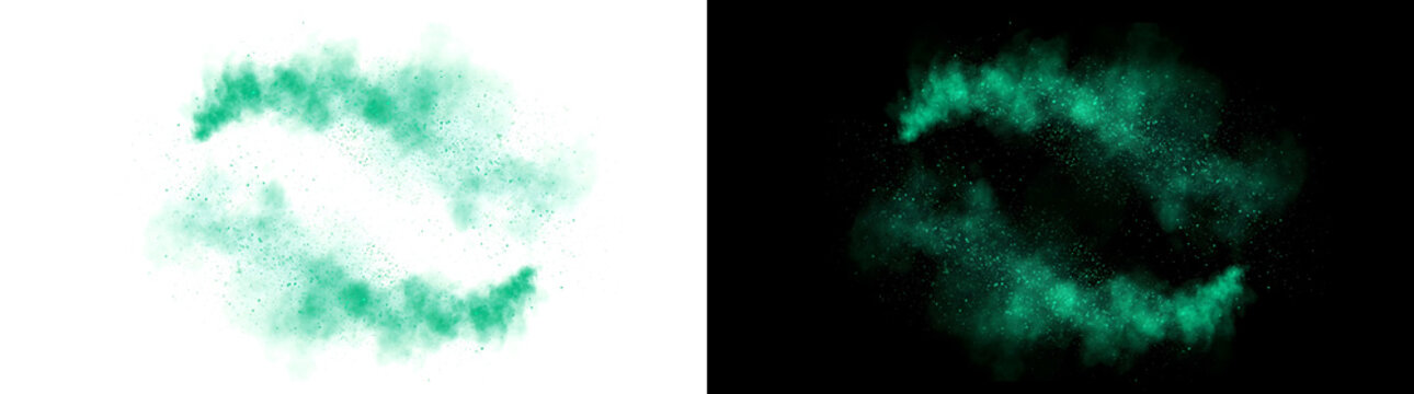 Green powder dust exploding in a swirling ring cloud with glowing particles ideal for cinematic effect design available in PNG, Transparent and Black Background Versions