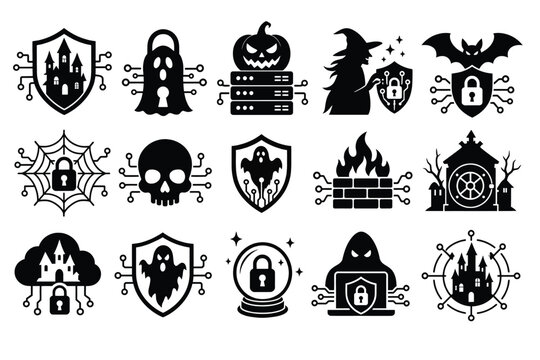 Cyber security and halloween themed icons, digital protection and spooky technology symbols