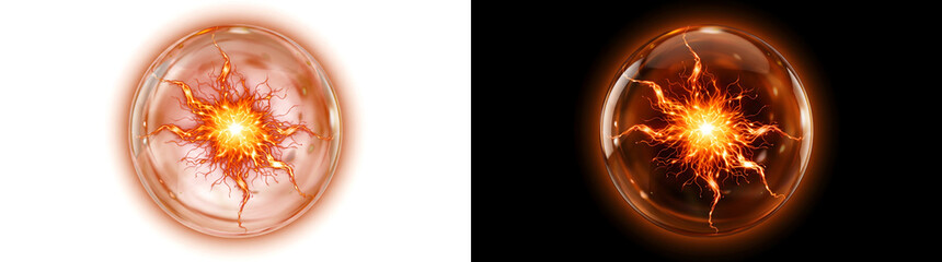 Orange electric energy sphere crackling inside a glass orb with glowing lightning ideal for magic and fantasy design available in PNG, Transparent and Black Background Versions © Crafter