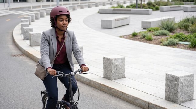 Young African American business commuter rides beside granite lane separators in a modern office plaza, wearing a grey blazer and burgundy helmet while cycling toward work with focused confidence