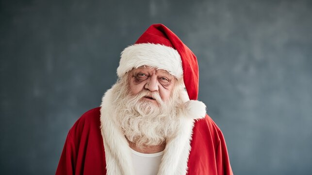 Zombie like Santa Claus wearing red suit, eerie, unwell, and tired expression, dark concept spreading holiday fear