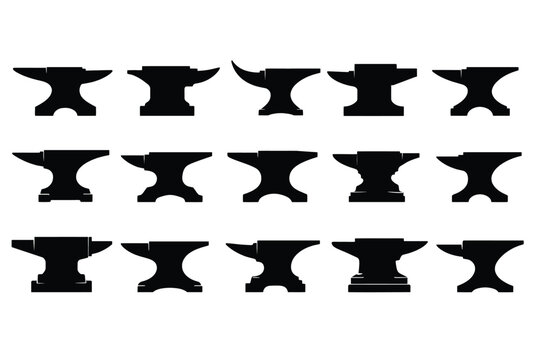 Set of anvil icons, collection of blacksmith tools silhouettes