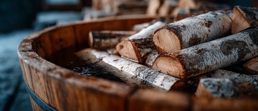 Birch logs soak in a rustic wooden barrel with a blurred natural background.
