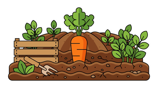 vivid vegetable garden with freshly planted carrots lettuce and soil with gardening tools for sustainable farming livelihood