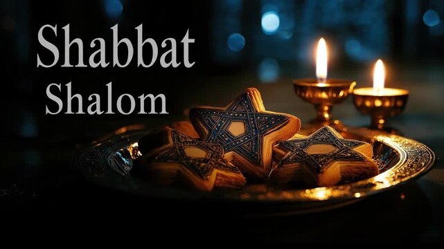 Traditional shabbat table setting with star of david cookies and candlelight ambiance. Shabbat Shalom