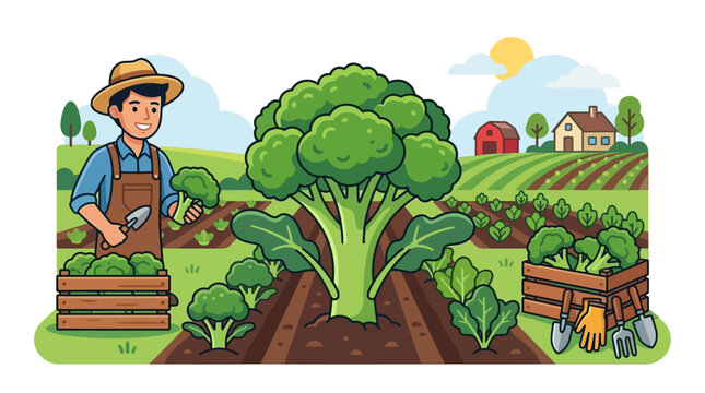 Enthusiastic farmer tending to lush vegetable garden with healthy crops and creative farming tools in a picturesque rural