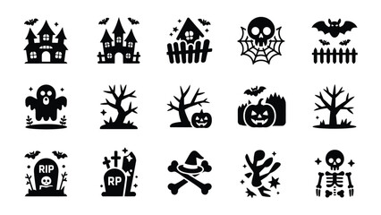 Fototapeta premium Set of fifteen flat vector icons representing traditional spooky halloween symbols