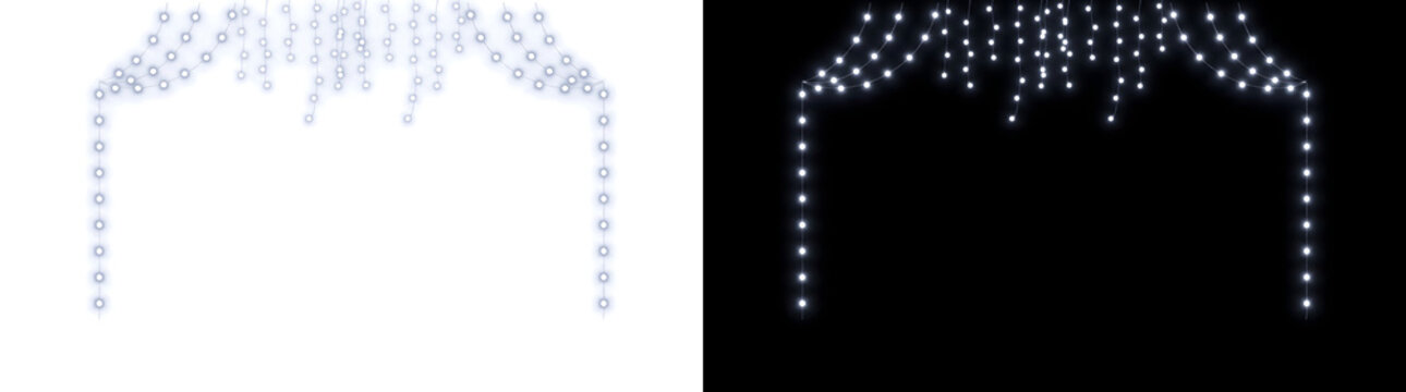 White string lights hanging in a glowing curtain frame with cascading bulbs ideal for party decoration design available in PNG, Transparent and Black Background Versions