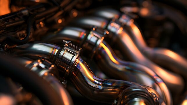 Close up view of a high performance car engine exhaust manifold.