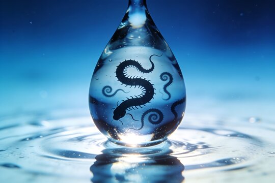Water droplet with dark parasite silhouettes floating above rippling blue reflective surface