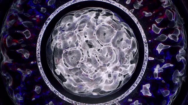 Abstract cymatic patterns formed by sound vibrations in liquid, scientific visualization of wave frequencies.