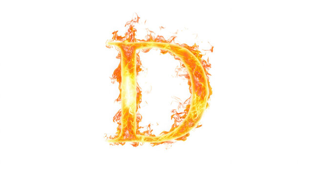 An artistic and stylized uppercase letter D constructed out of intense orange and yellow flames that create a glowing visual effect Isolated on