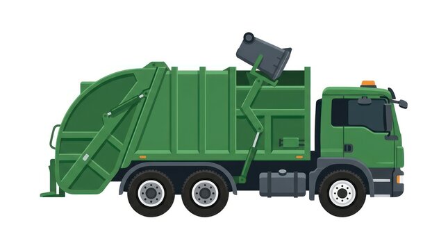 Green garbage truck on white background.