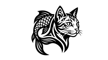 Obraz premium Mystical Catfish Hybrid Creature, Tribal Tattoo Style, Black and White