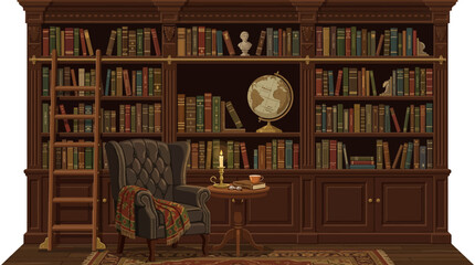 Elegant victorian style library with tall wooden bookshelves a vintage armchair globe with library interior with bookshelves filled books, depicts refined library © Shoaib