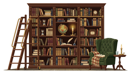 Vintage library bookshelf with ladder reading chair and classic decor in cozy study with depicts vintage style library large wooden bookshelf