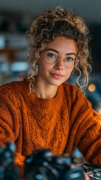 A young woman with curly hair and glasses gazes forward wearing a cozy orange knit sweater against a blurred background, suitable.