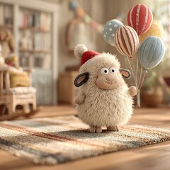 Obraz premium A cute fluffy toy white sheep wearing red Santa hat holds festive colorful celebratory balloons top