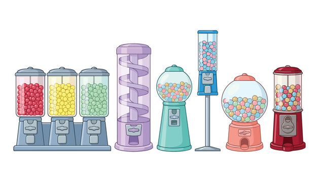 Gumball machine vector illustration set with various colorful candy dispensers bubblegum dispensers vending machines and sweet treats isolated on white background