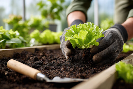 Close-up of gloved hands planting a young lettuce seedling into rich soil in a modern greenhouse. Sustainable gardening, organic farming