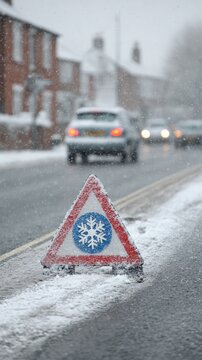 A snowflake warning sign stands dusted in winter flakes while cars navigate a snowy residential street.