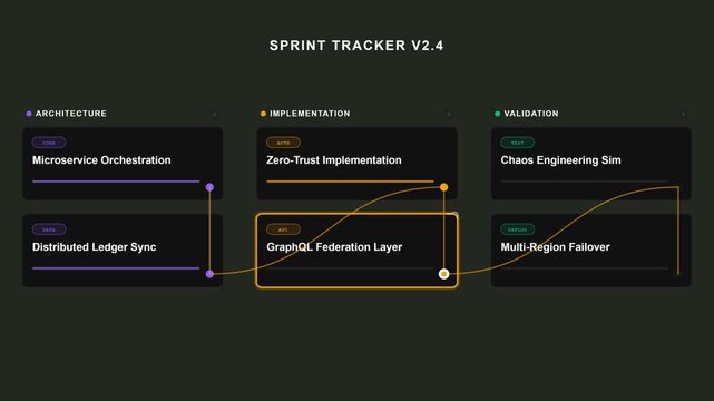 Sprint Tracker UI Dashboard with animated light streaks connecting software architecture task cards on dark interface for agile project management.
