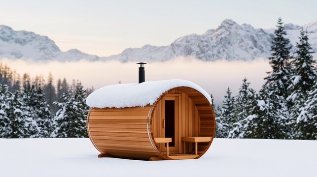Wooden barrel sauna standing in snowy mountain landscape, offering warmth and relaxation in winter wilderness
