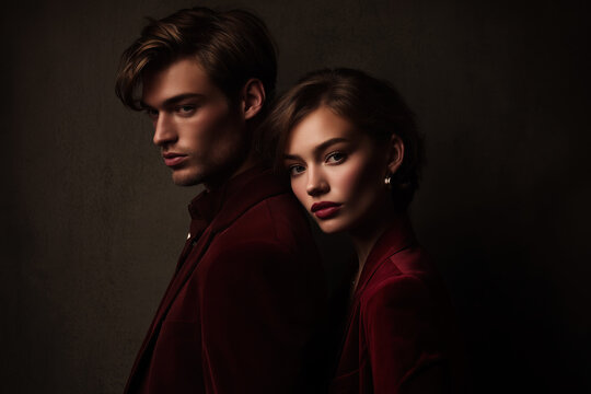 Elegant man and woman posing back to back in burgundy tailored outfits, leaning on each other. Dark and moody fashion shoot