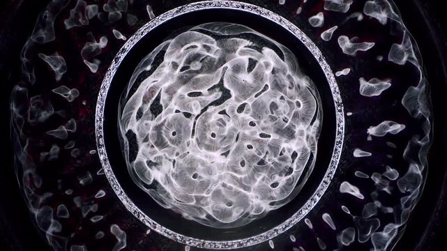 Abstract cymatic patterns formed by sound vibrations in liquid, scientific visualization of wave frequencies.