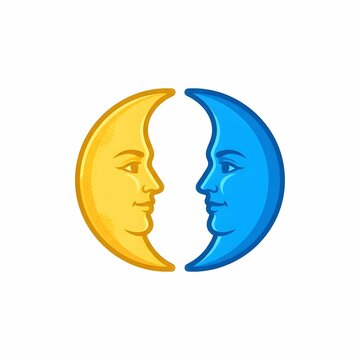 Two crescent moon faces with human features facing each other in yellow and blue