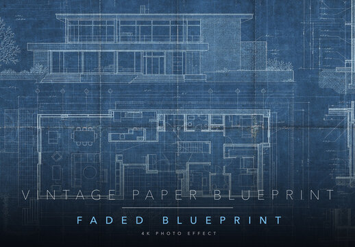 Vintage Blueprint Paper Photo Effect Template - Faded Blue Technical Drafting Print Cyanotype Architect Look