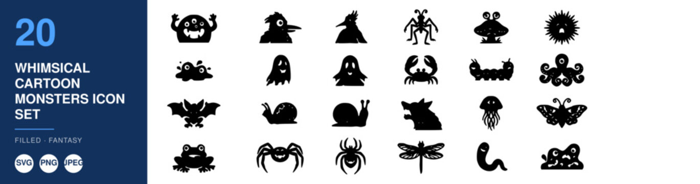 Whimsical Cartoon Monsters Icon Set, a Collection of Playful and Imaginative Creature Designs. Abstract Silhouettes, Black and White Graphic