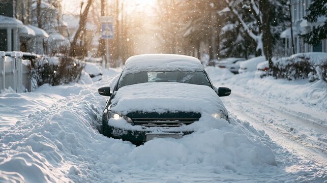 Black car almost completely buried in deep fresh snow during a winter snowfall, headlights glowing, extreme weather challenge