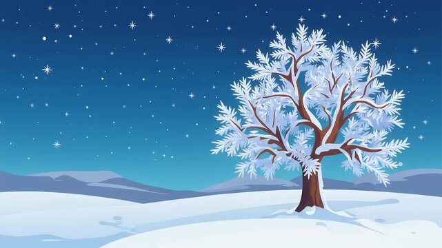 Winter landscape with snowy tree. Christmas night scene with falling snow and stars.