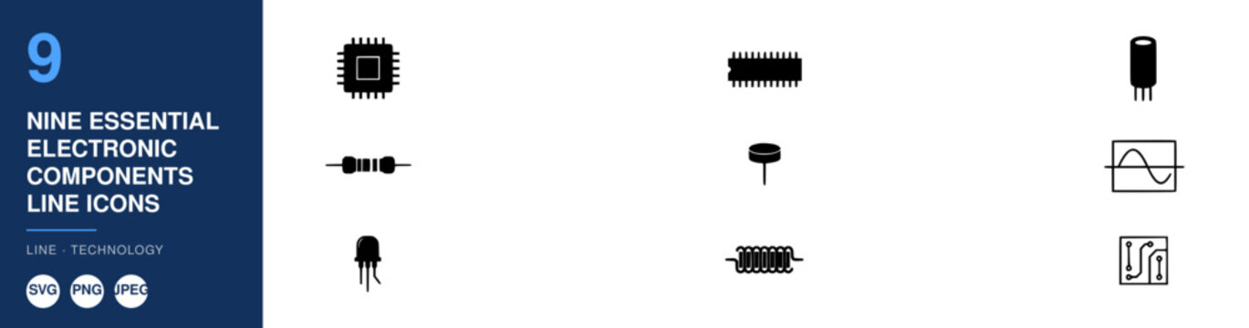 Electronic Components Line Icons Set with Resistor, Capacitor, Diode, and Transistor Elements. Minimalist Design for Technology and Engineering