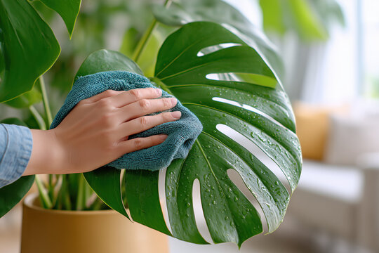 Young woman gently cleaning a monstera leaf with a damp cloth in a bright modern home. Fresh green foliage, natural light, and realistic textures create a clean, contemporary houseplant care