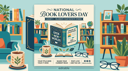 Celebrating national book lovers day with cozy bookshelves coffee cups with cozy reading nook bookshelves potted plants central reading environment © Shoaib