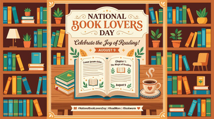 Celebrating national book lovers day with colorful bookshelves open books and a warm coffee cup in a cozy reading nook with depicts vibrant library scene bookshelves © Shoaib