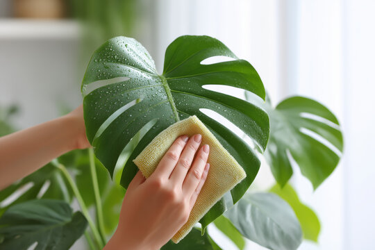 Young woman gently cleaning a monstera leaf with a damp cloth in a bright modern home. Fresh green foliage, natural light, and realistic textures create a clean, contemporary houseplant care