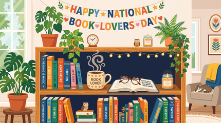 Cozy bookshelf decor with plants coffee mug and reading materials celebrating national book lovers day with various books celebrating interior design © Shoaib