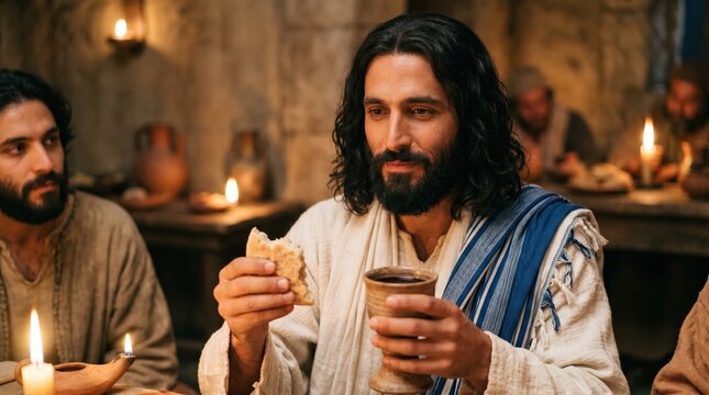 Jesus Christ holding bread and wine at the Last Supper. Biblical scene instituting communion with disciples. Candlelit interior with Middle Eastern man