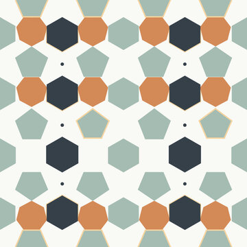 Colorful geometric pattern featuring hexagons pentagons and dots on white background