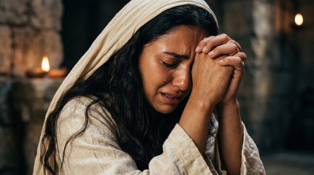 Hannah praying with tears in ancient temple. Biblical woman crying in deep prayer. Christian faith and devotion concept